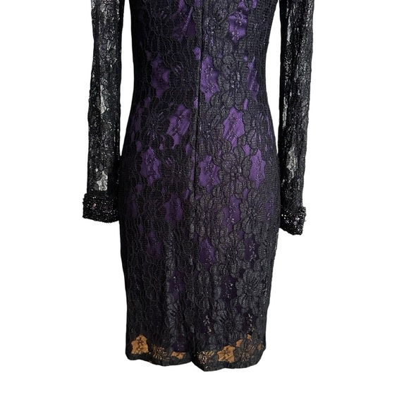 DAVID MEISTER Black Lace Cocktail Dress Beaded Cuffs, Purple Lining Size 6 - Picture 8 of 16